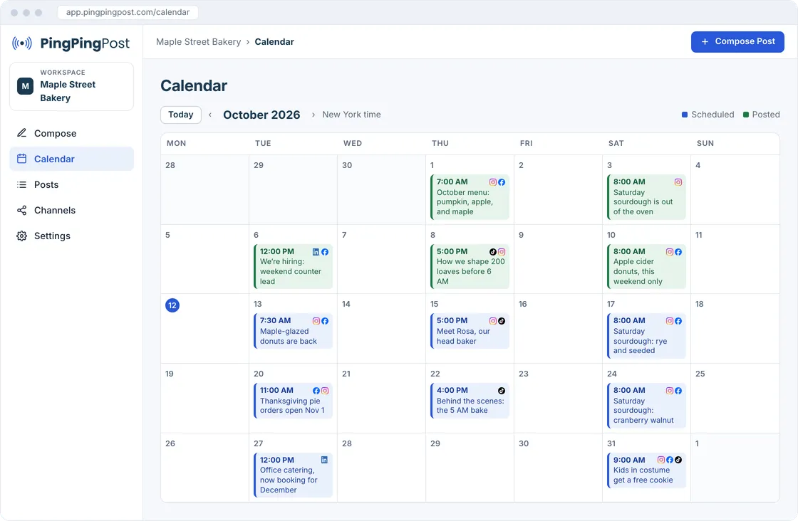 The PingPingPost calendar with a month of social media posts, ready to publish.