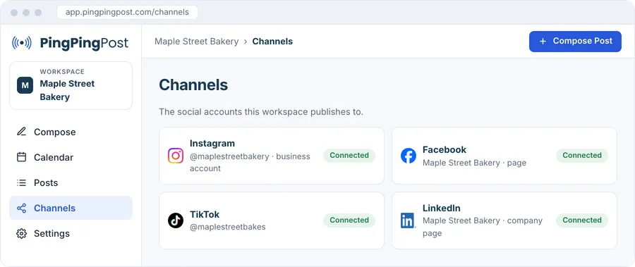 The PingPingPost channels page with connected Instagram, Facebook, TikTok, and LinkedIn accounts.