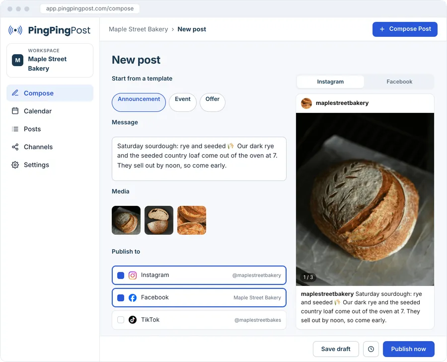 The PingPingPost post editor with a message, three photos, and an Instagram preview.