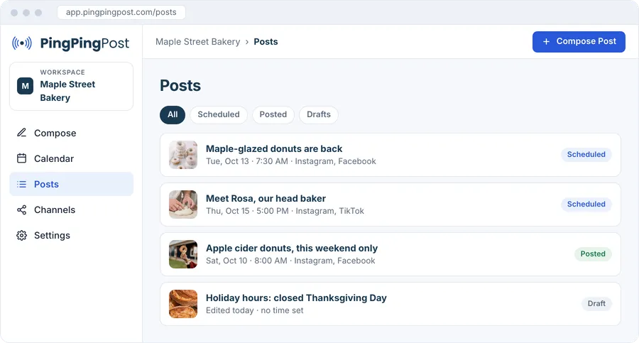 The PingPingPost posts list with scheduled, posted, and draft posts.